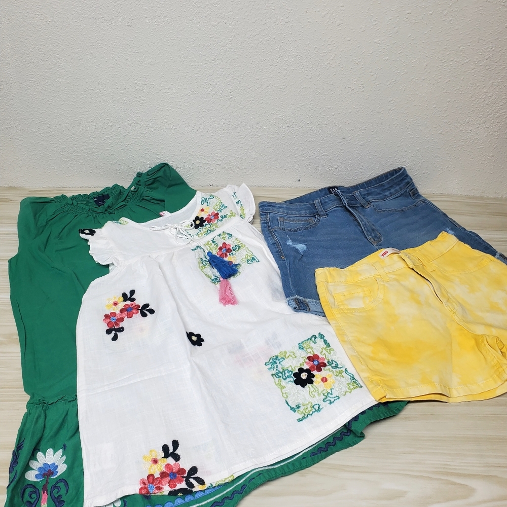 Girls Bundle 2 Dresses, 2 Pairs of Denim Shorts Size 12